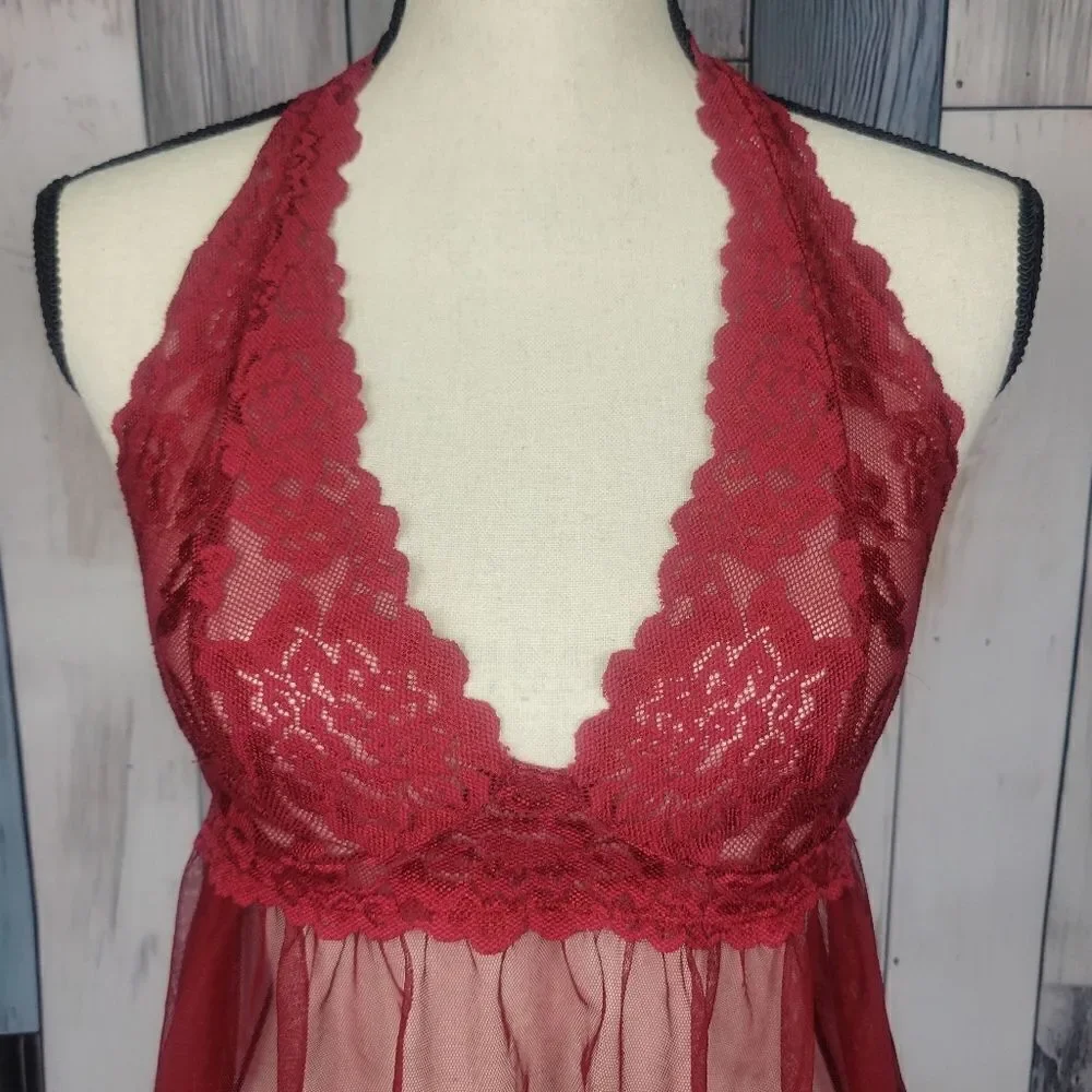 Victoria's Secret Red Teddy Babydoll Sheer Halter Slip On Size Medium